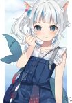  1girl :3 animal_ear_fluff animal_ears arm_at_side bag bangs blue_eyes blue_hair blue_skirt blunt_bangs blush buttons cat_ears clenched_hand closed_mouth fang fang_out fish_tail frilled_sleeves frills gawr_gura grey_hair hair_cubes hair_ornament handbag highres hololive hololive_english looking_at_viewer medium_hair multicolored_hair official_alternate_costume official_alternate_hairstyle rojineco_nene shark_tail shirt short_sleeves side_ponytail signature skirt skirt_set smile solo streaked_hair suspenders tail upper_body v-shaped_eyebrows virtual_youtuber white_shirt 