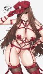  1girl :p absurdres bangs blush breasts brown_eyes brown_hair fate/extra fate_(series) garter_straps gloves grey_background hand_on_headwear hand_on_hip hat highres kishinami_hakuno_(female) large_breasts long_hair looking_at_viewer navel nyatokanyaru pasties peaked_cap red_gloves red_headwear red_thighhighs shibari signature simple_background solo standing thighhighs thighs tongue tongue_out 