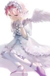  1girl byoushin_(song) closed_mouth dress expressionless feathered_wings highres looking_at_viewer mebuki_(moon_angel_4) nqrse on_ground pink_eyes pink_hair puffy_short_sleeves puffy_sleeves purple_footwear shadow short_sleeves simple_background sitting solo white_dress wings yokozuwari 