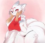  anthro asian_mythology bib big_tail breasts canid canine clothing disembodied_hand east_asian_mythology face_squish facial_markings female fluffy fox fox_spirit fur hand_on_face hand_on_hand head_markings hi_res human humanoid_hands jellyenvy mammal markings mehajiki mori_(jellyenvy) multi_tail mythology navel panties red_eyes red_markings solo squish under_boob underwear white_body white_fur 