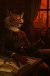  2021 anthro backbone_(game) beverage canid canine claws clenched_teeth clothed clothing cyamallo_(artist) detailed_background female finger_claws fox fully_clothed fur hi_res holding_beverage holding_object inside mammal neck_tuft orange_body orange_fur renee_wilson solo teeth tuft 