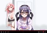  2girls breasts chair cleavage controller game_controller gaming_chair genshin_impact glasses headphones holding holding_controller holding_game_controller lemon_t livestream mole mole_under_eye multiple_girls open_door parted_lips pink_hair purple_eyes purple_hair raiden_shogun sitting twitter_username yae_miko 