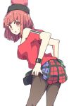  1girl black_headwear casual character_request copyright_request hecatia_lapislazuli highres jack_(wkm74959) off_shoulder plaid plaid_skirt polos_crown red_eyes red_hair short_hair skirt touhou wristband 