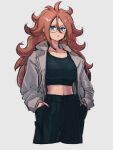 1girl :o alternate_costume android_21 black_pants blue_eyes collarbone dragon_ball dragon_ball_fighterz earrings glasses grey_background hair_between_eyes hands_in_pockets hoop_earrings jewelry kemachiku long_hair looking_at_viewer midriff navel pants red_hair simple_background solo 