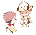  1boy aged_down animal_ear_headwear animal_ears black_hair brown_shorts character_hat character_print child closed_eyes fake_animal_ears full_body hat highres itadori_yuuji jujutsu_kaisen male_child male_focus multiple_views neckerchief open_mouth pink_hair pochacco print_shorts red_neckerchief sanrio shirt short_hair short_sleeves shorts simple_background sitting socks spiked_hair tootigee topless_male undercut white_background yellow_shirt yellow_shorts yellow_socks 