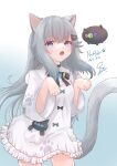  1girl :o absurdres animal_ears blue_eyes cat_ears cat_girl cat_tail dress fang frilled_dress frills grey_hair highres ibrodawae indie_virtual_youtuber long_hair long_sleeves looking_at_viewer nachoneko paw_pose tail virtual_youtuber white_dress wide_sleeves 