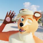  anthro black_nose blender_(software) blonde_hair blue_eyes canid canine canis coolboy01fa domestic_dog gesture hair male mammal one_eye_closed orange_body solo tan_body waving wink yiffalicious 
