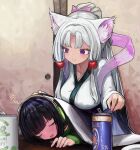 2girls :3 absurdres animal_ear_fluff animal_ears bangs black_hair blanket blush bow breasts can closed_eyes closed_mouth drooling fingernails fox_ears fox_girl full-face_blush hagoromo hair_bobbles hair_bow hair_intakes hair_ornament headphones highres japanese_clothes kimono kyoumachi_seika large_breasts long_hair long_sleeves microa multiple_girls open_mouth pink_bow purple_eyes see-through shawl short_hair sleeves_past_wrists smile touhoku_itako tucking_in voiceroid white_hair white_kimono wide_sleeves 