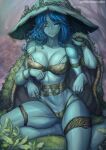  1girl barefoot black_bra black_panties blue_eyes blue_hair blue_skin bra breasts cape colored_skin cracked_skin doll_joints elden_ring extra_arms facial_tattoo fur_cape hat jewelry joints large_breasts large_hat lingerie long_hair one_eye_closed panties ranni_the_witch redjet ring sitting solo strap_slip tattoo underwear witch_hat 