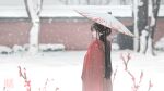  1girl absurdres black_hair building highres holding holding_umbrella hua_ming_wink long_hair looking_to_the_side oil-paper_umbrella original outdoors pointy_ears red_robe robe snow snowing solo standing tree umbrella 