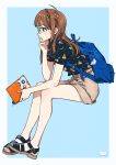  1girl backpack bag bangs book border brown_hair feet full_body glasses highres holding holding_book invisible_chair jewelry keishin legs original ring sandals shirt short_sleeves shorts sitting thumb_ring toes white_border 