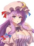  1girl :o blue_bow bow breasts cleavage crescent crescent_hat_ornament hat hat_ornament highres huge_breasts long_hair looking_at_viewer mob_cap namiki_(remiter00) open_mouth patchouli_knowledge purple_eyes purple_hair solo touhou upper_body 