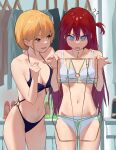  2girls ? ?? @_@ absurdres bangs bikini blonde_hair blue_bikini blue_eyes breasts frown green_bikini hands_up high_heels highres holding indoors long_hair multiple_girls navel o-ring o-ring_bottom open_mouth orange_eyes original red_hair shop short_hair side_ponytail small_breasts some1else45 standing string_bikini swimsuit white_bikini 