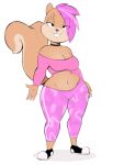  2022 anthro breasts brown_body brown_fur choker cleavage clothed clothing female footwear fur hair hi_res jewelry looking_at_viewer mammal midriff navel necklace pink_hair rodent sciurid shoes smile smiling_at_viewer solo standing usnarbit 