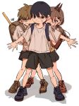  1girl 2boys aged_down backpack bag bangs black_hair blonde_hair bowl_cut brown_hair chainsaw_man denji_(chainsaw_man) hand_on_another&#039;s_shoulder hayakawa_aki hiding hiding_behind_another highres horns long_hair looking_at_viewer multiple_boys open_mouth power_(chainsaw_man) protecting randoseru ruler scared shirt short_hair shorts simple_background sweat tasuketemama white_background white_shirt 