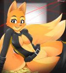  anthro canid canine clothed clothing coin diane_foxington dreamworks female fox fur genitals gold_(metal) green_eyes hi_res laser mammal moonfluffmf orange_body orange_fur partially_clothed piercing presenting pussy solo the_bad_guys thief 