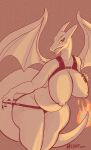  anthro areola belly big_breasts breasts charizard female generation_1_pokemon hi_res horn looking_at_viewer monochrome mostly_nude nintendo nipples non-mammal_breasts pokemon pokemon_(species) sepia solo straps thick_thighs video_games vikhop wings 