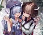  2girls :d ahoge animal_hat backpack bag bangs blue_eyes blue_hair bow brown_hair dress eel_hat eyes_visible_through_hair fingernails furrowed_brow hair_bow hair_ornament hairclip hand_up hat heart highres japanese_clothes kimono light_blue_hair long_hair microa multiple_girls necktie open_mouth otomachi_una otomachi_una_(talkex) pink_eyes sailor_collar sailor_dress short_hair sleeveless sleeveless_dress smile talkex touhoku_kiritan very_long_hair vocaloid voiceroid white_kimono white_necktie white_sailor_collar yellow_bag yukata 