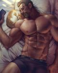  1boy abs aenaluck animal artist_name audec_(aenaluck) bara beard bed black_male_underwear boxer_briefs brown_hair cat closed_eyes facial_hair highres holding holding_phone large_pectorals lying male_focus male_underwear muscular muscular_male navel nipples on_back on_bed original pectorals phone pillow short_hair sleeping underwear 