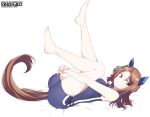  1girl animal_ears barefoot blue_one-piece_swimsuit bow brown_hair character_name competition_school_swimsuit ear_covers full_body hair_bow horse_ears horse_girl horse_tail hugging_own_legs king_halo_(umamusume) long_hair lying on_back red_eyes school_swimsuit shigino_sohuzi simple_background solo swimsuit tail tracen_swimsuit umamusume white_background 