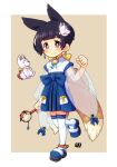  1girl animal_ears black_hair blue_bow blue_footwear blue_hakama blush bow brown_background clenched_hand closed_mouth earrings fox_ears fox_girl fox_mask fox_tail full_body hair_ornament hairclip hakama hakama_short_skirt hakama_skirt hand_up holding japanese_clothes jewelry kimono kukuri_(mawaru) mask mask_on_head mawaru_(mawaru) original purple_eyes rattle_drum ribbon-trimmed_legwear ribbon_trim see-through see-through_sleeves short_hair skirt smile solo standing standing_on_one_leg tail thighhighs two-tone_background white_background white_kimono white_thighhighs wide_sleeves 