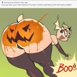  1:1 absurd_res anon anthro armwear biped blue_eyes butt clothing elbow_gloves fangs female glacierclear gloves halloween handwear hi_res holidays kobold kobold_girl_(glacierclear) legwear open_mouth rear_view simple_background solo thigh_highs underwear 