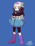  1girl alternate_costume beanie blue_background boots closed_mouth coat commentary_request dawn_(pokemon) donguri_big eyelashes full_body hair_ornament hairclip hands_in_pockets hat highres knees leggings long_hair pokemon pokemon_(game) pokemon_dppt purple_footwear signature simple_background solo standing white_headwear zipper_pull_tab 