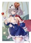  1girl absurdres apple azur_lane blue_dress breasts cape cleavage crown detached_sleeves dress food fruit hair_ornament highres holding holding_food holding_fruit joffre_(azur_lane) joffre_(ensorcelled_snow_white)_(azur_lane) lace-trimmed_legwear lace_trim large_breasts looking_at_viewer official_alternate_costume puffy_short_sleeves puffy_sleeves red_apple red_cape red_eyes short_dress short_sleeves slit_pupils solo syu.mu thighhighs twintails white_garter_straps white_thighhighs 