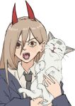  animal blue_jacket blush cat chainsaw_man demon_horns fangs highres holding holding_animal holding_cat horns jacket meowy_(chainsaw_man) necktie open_mouth pantsu-ripper power_(chainsaw_man) red_eyes simple_background tongue tongue_out white_background white_cat 