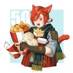  1boy :o absurdres animal_ears bangs black_scarf blue_background border braid braided_ponytail brown_gloves bucket_of_chicken burger cat_boy cat_ears cat_tail chinese_commentary commentary_request cropped_torso cup disposable_cup drink drinking_straw elbow_gloves facial_mark fan_mu_zhang fast_food final_fantasy final_fantasy_xiv fingerless_gloves food french_fries fried_chicken fringe_trim from_side g&#039;raha_tia gloves grey_shirt hair_between_eyes hair_ornament highres holding holding_cup holding_food ketchup looking_at_food looking_down low_ponytail male_focus miqo&#039;te neck_tattoo open_mouth outside_border red_eyes red_hair scarf shirt short_hair single_braid slit_pupils solo swept_bangs tail tattoo upper_body weibo_logo weibo_username white_border wide-eyed wrapper x_hair_ornament 