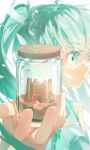  1girl aqua_eyes aqua_hair aqua_necktie bangs bare_shoulders blurry chi_chi3939 depth_of_field english_commentary falling_petals fingernails giving glass_bottle grey_shirt hand_up hatsune_miku highres holding incoming_gift jar long_hair looking_away looking_to_the_side mixed-language_commentary necktie petals portrait reaching_out sand sand_castle sand_sculpture shirt sleeveless sleeveless_shirt snow_globe solo sunlight twintails uta_ni_katachi_wa_nai_keredo_(vocaloid) vocaloid white_background wind 