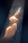  1girl aqua_eyes bangs blue_hair blurry chi_chi3939 completely_nude convenient_leg covered_mouth depth_of_field english_commentary feet_out_of_frame foot_up from_y_to_y_(vocaloid) glint grey_background hatsune_miku highres jewelry light_particles long_hair looking_at_viewer lying mixed-language_commentary nude on_back outstretched_arm reaching reaching_out ring shy sitting solo sunlight very_long_hair vocaloid 