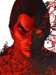  1boy black_hair blue_eyes chiwa_(cw1021) closed_mouth glowing glowing_eye highres looking_at_viewer male_focus mishima_kazuya portrait red_theme short_hair simple_background solo tekken white_background 