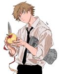  1boy apple bangs black_necktie black_pants blonde_hair chainsaw_man collared_shirt denji_(chainsaw_man) food frown fruit highres holding holding_food holding_fruit holding_knife knife looking_at_viewer necktie newspaper pants peeling shirt shirt_tucked_in short_hair simple_background sleeves_rolled_up solo spiked_hair tasuketemama white_background white_shirt yellow_eyes 