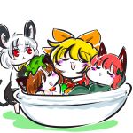  4girls :3 animal_ears bathtub blush_stickers bow braid cat_ears chen chibi closed_eyes hat kaenbyou_rin mogura-san_(dra1dra3dra2) multiple_girls nazrin red_eyes red_hair sleeping toramaru_shou touhou triangle_mouth 