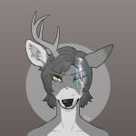  ambiguous_gender anthro antlers blood bodily_fluids broken_antler canned_(artist) capreoline cervid green_eyes headshot_portrait hi_res horn hybrid lgbt_pride mammal monochrome_fur pain portrait pride_colors sharp_teeth solo teeth trans_(lore) white-tailed_deer 