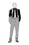  1boy formal full_body greyscale hand_in_pocket highres holding holding_clothes holding_jacket jacket jacket_removed jujutsu_kaisen looking_at_viewer ma2 male_focus monochrome nanami_kento necktie shoes short_hair solo standing suit suspenders white_background 