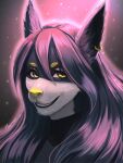  ambiguous_gender anthro blush canid canine digital_media_(artwork) female mammal open_mouth piercing scruffy simple_background smile smiling_at_viewer solo tortini 