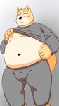  2022 anthro belly big_belly black_nose blush bottomwear bulge canid canine canis clothing domestic_dog hi_res humanoid_hands kemono kick_(artist) male mammal moobs navel nipples overweight overweight_male pants simple_background solo 