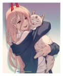  1girl animal animal_hug bangs blonde_hair blue_jacket border brown_eyes cat chainsaw_man collared_shirt commentary cross-shaped_pupils demon_horns drop_shadow film_grain from_side gradient gradient_background hair_between_eyes happy highres holding holding_animal holding_cat horns jacket long_bangs long_hair long_sleeves looking_at_animal lucidsky meowy_(chainsaw_man) off_shoulder open_mouth power_(chainsaw_man) red_horns sharp_teeth shirt smile solo teeth twitter_username upper_body white_border white_shirt 