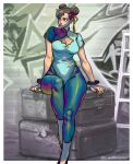  1girl arm_support bracelet breasts brown_hair chinese_clothes chun-li cleavage cleavage_cutout clothing_cutout double_bun earrings eyeshadow hair_bun highleg highres jewelry lips looking_to_the_side makeup nail_polish sitting solo street_fighter street_fighter_6 wallace_pires 