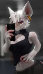  2022 3d_(artwork) absurd_res anthro breasts cleavage cleavage_cutout clothed clothing digital_media_(artwork) ear_piercing ear_ring eyeshadow female freezo fur hi_res makeup mammal midriff mirror_selfie murid murine officer_flint_(foretbwat) phone piercing purple_eyeshadow rat red_eyes ring_piercing rodent selfie solo warfare_machine white_body white_fur 