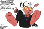  2022 2_toes bow_tie bulge demon dylbun feet foot_focus freckles helluva_boss horn humanoid imp looking_at_viewer male moxxie_(helluva_boss) red_body red_skin simple_background sitting soles solo toes white_background 
