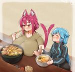  2girls animal_ear_fluff animal_ears bangs blue_hair blush border bowl breast_rest breasts character_request chopsticks closed_eyes closed_mouth collarbone commentary_request copyright_request cup eating hair_between_eyes highres holding holding_chopsticks huge_breasts ichika_(ichika_manga) long_hair long_sleeves looking_away multiple_girls no_nose outside_border pink_eyes pink_hair short_sleeves sidelocks small_breasts sweatdrop tail tail_wagging 