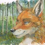  1:1 akatan_art ambiguous_gender anthro black_nose canid canine cheek_tuft closed_smile facial_tuft forest fox fur glistening glistening_eyes hi_res mammal mouth_closed multicolored_body multicolored_fur neck_tuft orange_body orange_fur outside plant shrub solo traditional_media_(artwork) tree tuft two_tone_body two_tone_fur unsigned white_body white_fur 