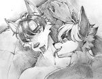  akatan_art anthro anthro_on_anthro canid cheek_tuft duo facial_tuft fangs glistening glistening_eyes glistening_hair hair hi_res licking licking_another lying male male/male mammal monochrome narrowed_eyes nude on_back on_top open_mouth open_smile short_hair smile tongue tongue_out traditional_media_(artwork) tuft unsigned 