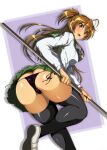  antenna_hair ass black_panties black_thighhighs blush breasts brown_eyes brown_hair from_behind green_sailor_collar green_skirt hair_between_eyes highres highschool_of_the_dead holding holding_polearm holding_weapon large_breasts long_hair looking_at_viewer looking_back m.i.y miyamoto_rei panties pantyshot pleated_skirt polearm sailor_collar school_uniform shiny shiny_skin shirt short_ponytail side-tie_panties simple_background skirt standing standing_on_one_leg string_panties thighhighs thighs underwear upskirt weapon white_footwear white_shirt 