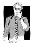  1boy adjusting_eyewear animal_print formal goggles greyscale jujutsu_kaisen leopard_print long_sleeves looking_at_viewer ma2 male_focus monochrome nanami_kento necktie short_hair sleeves_rolled_up solo suit upper_body watch 