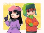  1boy 1girl arm_behind_back beret black_eyes black_hair brown_eyes coat dated gloves green_gloves hand_on_own_chin hat index_finger_raised jacket kenny_mccormick one_eye_closed orange_hair orange_jacket purple_coat smile south_park tongue tongue_out tsunoji wendy_testaburger winter_clothes winter_coat 