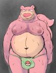  absurd_res anthro bulge clothing debudraws generation_1_pokemon hi_res looking_at_viewer male moobs nintendo nipples overweight overweight_anthro overweight_male pink_body pokemon pokemon_(species) slowbro thong tongue tongue_out underwear video_games wet 